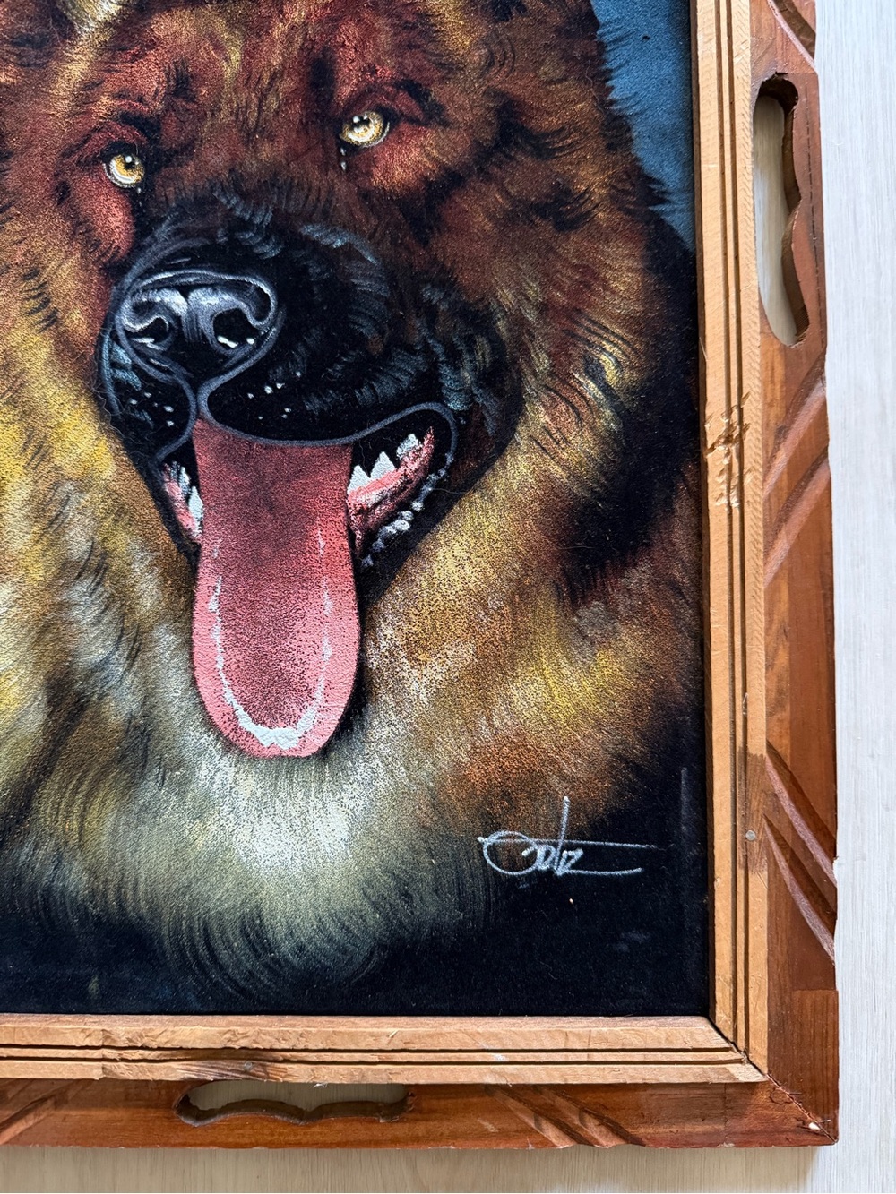 Vintage Mexican Handpainted German Shepard on Velvet Hand Carved Wood Frame - Picture 3 of 8